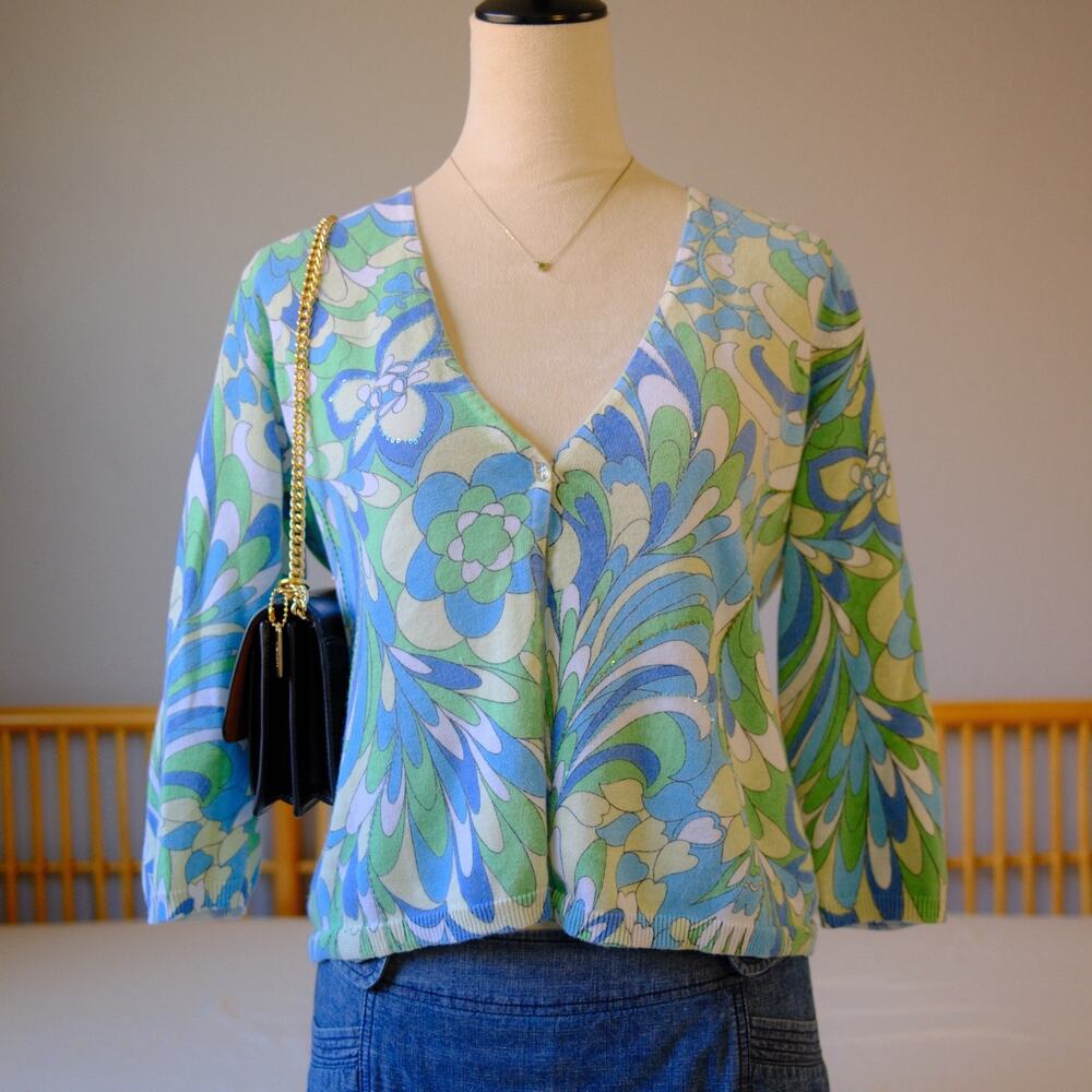 New York & Company Cardigan Groovy Retro Floral Knit